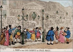 G. M. Woodward, T. Rowlandson, A peep at the gas lights in Pall-Mall (1809)